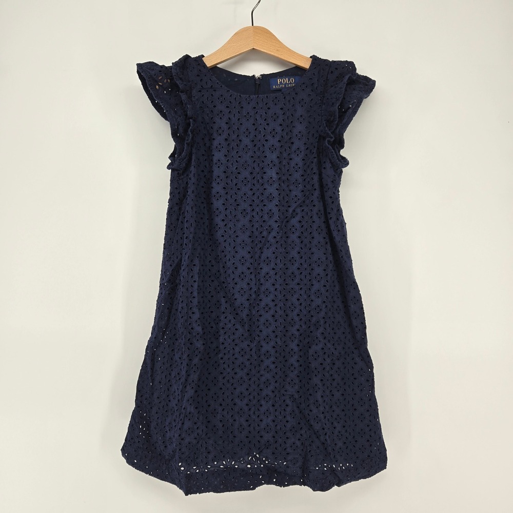 Polo Ralph Lauren Eyelet Lace Dress Girls 10 Navy Blue Ruffle Sleeve Party